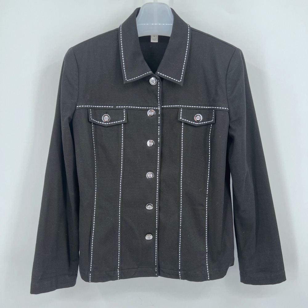 St. John Sport‎ Black Trucker Jacket Paillettes Nautical Ribbon Size M